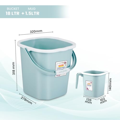 Image of RATAN PLASTICWARE Premia Bathroom Set (Bucket 18L X 1) + (Mug 1.5L X 1) + (Small Stool X 1) - Mint|Light Weight and Easy to Carry|Perfect for Use in Bathrooms, Kitchen & Wet Utility Areas