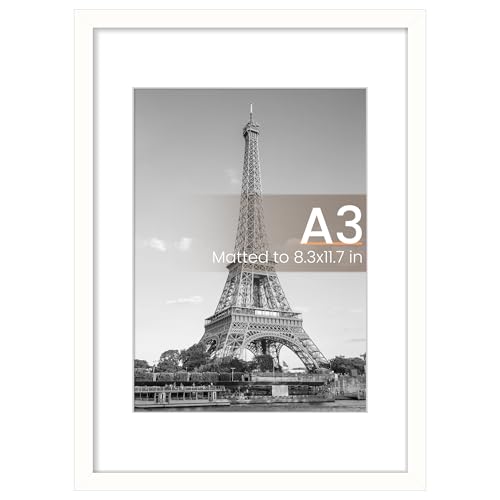 Image of upsimples A3 Picture Frame, Display Pictures 8.3x11.7 with Mat or 11.7x16.5 Without Mat, Wall Hanging Photo Frame, White, 1 Pack