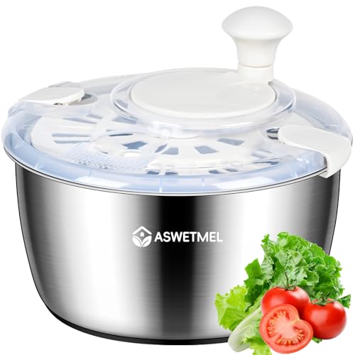 ASWETMEL 5.3QT beige stainless steel salad spinner — sold as a spinner, colander and serving bowl in one footprint