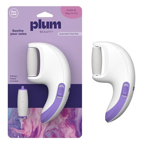 Plum Beauty Automatic Foot File – Electronic Callus Remover for Feet – Includes 2 Roller Heads (Coarse & Regular) – Portable Pedicure Tool for Dry & Rough Skin – Use Wet or Dry