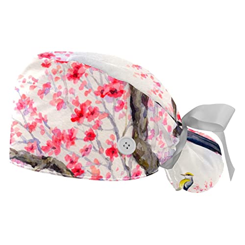 Chapeaux bouffants JDEZ ajustables motif oiseau et fleur de cerisier rouge pour le travail lot de 2