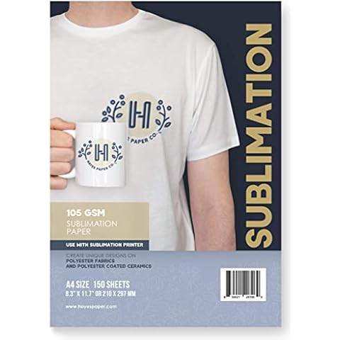 Sublimation Paper by Hayes Paper Co, A4 Size 21.0 x 29.7 cm, 105 GSM Paper Thickness, 150 Sheets per Pack, Sublimate T-Shirts and Polyester Coated Surfaces Cover
