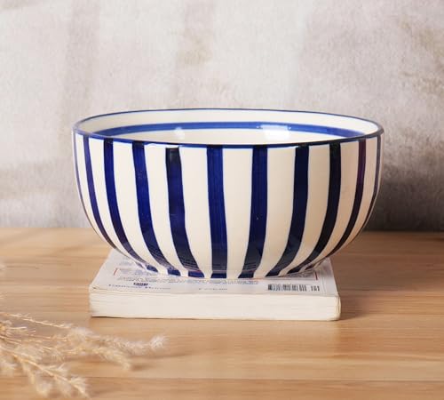 Image of Niyara Stoneware Handmade Ceramic Stylish Premium Serving Bowls /Salad Tray Microwave Dishwasher Safe (Blue line Set of 3)