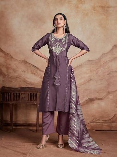 Image of EthnicJunction Women's Chinon Embroidered Straight Front Slit Kurta Palazzo & Organza Dupatta Set | Wedding | Heavy | Outfit | Suit