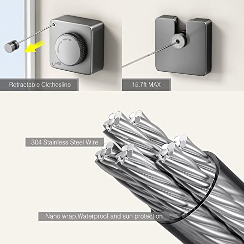 Sofinny Retractable Clothesline Indoor，Non Sagging Outdoor Clothes Line Retracting Heavy Duty Clothes Drying Laundry Line Wall Mounted Stainless Steel Line-15.7 Feets（Grey） #TOP1