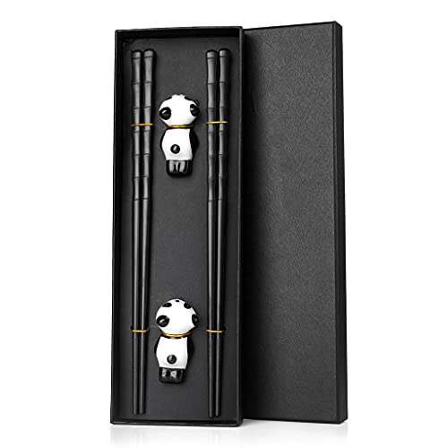 Japanische Schwarz Glasfaser EssstäBchen 2 Paars mit 2 Panda Keramik-Essstäbchen Auflagen , Sushi Stäbchen Chopsticks Wiederverwendbare EssstäBchen Waschbar FüR GeschirrspüLerc mit Geschenkbox Cover