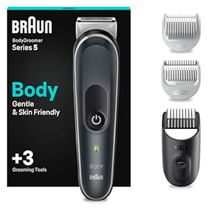 Braun Bodygroomer Series 5, Elektrischer Körperrasierer Herren mit 3 Zubehörteile, Kabelloser Trimmer für Intimbereich und Körper, 100 Min Akku, Wasserdichter Körperhaartrimmer, BG5340, Grau