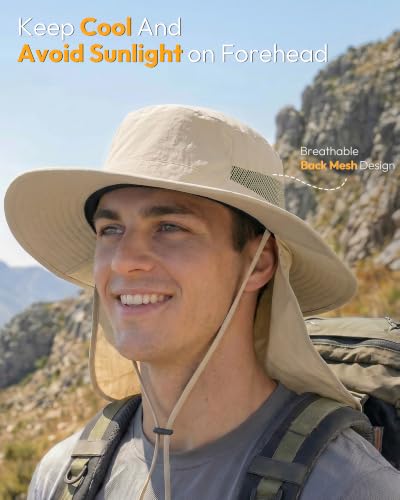 Image of Sun Hats for Men Wide Brim Bucket Hat with Neck Flap for Fishing & Hiking Mens Sun Hat for UV Protection