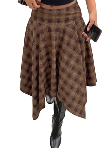 Acelitt Women’s Plaid Midi Skirt, Brown, Small