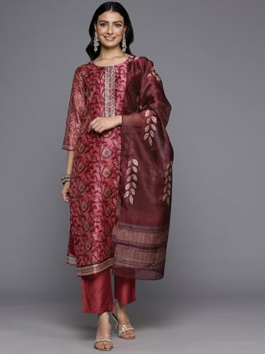 Image of Varanga Women Floral Printed Kurta Pant Set with Dupatta | Silk Blend Fabric | Summer Wear | 3 /4 Sleeve Round Neck | Lightweight & Comfortable Daily Wear