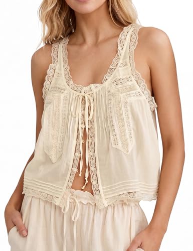 Boho Tops for Women White Summer Boho Lace Tie Front Tank Tops Beach Vacation Button Down Flowy Tops Sleeveless Shirts Blouses Ruffled Chiffon Mesh Crop Fashion Cute Y2K Clothes