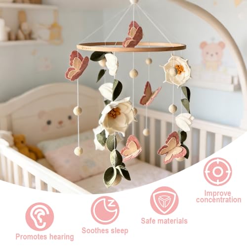 Baby Mobile Blumen & Schmetterlinge, Mobile fürs Babybett und Wickeltisch, Babyzimmer Deko mit Waldmotiv, liebevolles Baby Windspiele Geschenk für Jungen und Mädchen