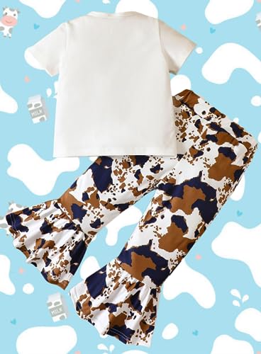 Image of Toddler Girl Cow Bell Outfits - Print T-shirt Flare Pants Bottom Short Sleeve Peace Love Letter Top Tie Dye Clothes