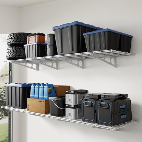 FLEXIMOUNTS 4-Pack 2x4ft 24-inch-by-48-inch Wall Shelf Garage Storage Rack Wall Mounted Floating Shelves, Total 1200lbs Capacity, White, Classic Series
