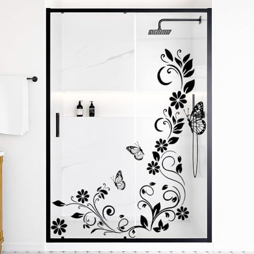 Image of beinkmake 2pcs Black Flower Vine Wall Sticker DIY Floral Butterfly Wall Decal for Bathroom Living Room Decor Removable 13.3x35.4inch