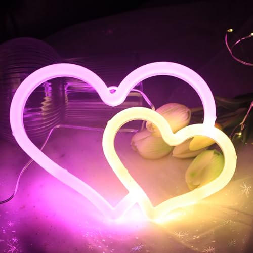 Image of Dual Heart Neon Signs for Wall Decor Led Neon Signs for Bedroom Wall Neon Lights for Home Party Wedding Bachelorette Parties Marriage Proposals Birthday Parties Christmas Decorations