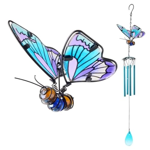 Butterfly Wind Chimes, 70cm Iron Stained Glass Butterfly Wind Chimes Gifts for Mom Outdoor/Indoor Wind Chimes for Home, Garden, Window, Yard, Patio, Lawn Decoration (Blue)