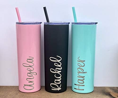 20oz Stainless Steel Skinny Tumbler- Laser Engraved- Personalized Tumbler- Straw and Lid Included- Vacuum Insulated- Teacher Gift- Mother's Day- Bride Gift- Handheld Tumbler- Girls Trip