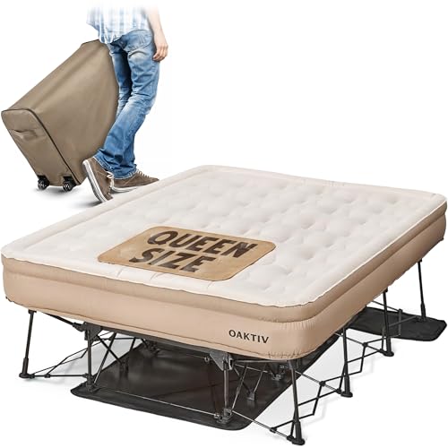 Oaktiv Queen Air Mattress with Frame, Self Inflating/Deflating Blow Up Bed for Adults - PeakRest Camping Cot with Mattress - Portable Queen Size with Travel Rolling Case on Wheels