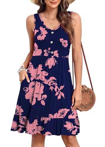 YGJIEGENG Sommerkleid Damen Trägerkleid Maxi Leicht Baumwolle V-Ausschnitt Knopfleiste Casual Elegant mit Seitentaschen Silhouette M