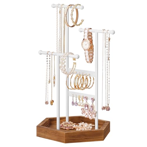 SONGMICS Jewelry Holder, Jewelry Organizer, 3 Tiers and 1 Tray, Jewelry Display Stand with Metal Frame, Necklace Earring Bracelet Holder, for Rings, Christmas Gift, White and Caramel Brown M