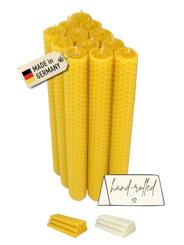 12 velas de varilla 100% cera de abejas de Alemania, enrolladas a mano, 20 cm de alto, aprox. 2,2 cm de diámetro, color amarillo natural, juego de velas con mechas de cáñamo para decoración de mesa