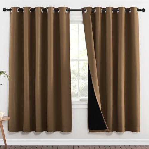 Image of NICETOWN Full Shade Curtain Panels, 62 x 72 inch, Gold Brown, Pair of Energy Smart & Noise Blocking Out Blackout Drapes for Dining Room Window, Thermal Insulated Guest Room Lined Window Dressing