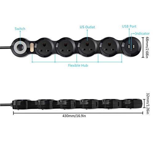 Flexible Power Strip Surge Protector with 2 USB Ports and 4 Outlets for Home, Office and Travel (9Ft Long Cord, Black)