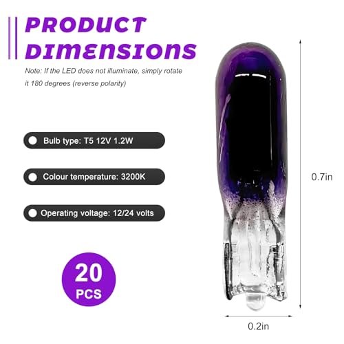 20 unidades Bombilla halógena T5 12V 1.2W color púrpura miniatura 2