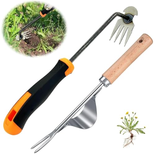 DONGZQAN Tagliacerbacce in acciaio inox, 2 pezzi, per lavori di giardinaggio, per erbacce e erbacce, con manico in gomma, 4 denti