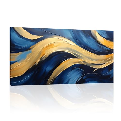 Art mural abstrait bleu et doré 40x90 cm | Toile imprimée moderne encadrée