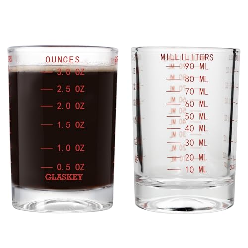 GLASKEY 2 Pack Shot Glass Measuring Cup Set,3 oz/90ml Liquid Heavy High Espresso Glass Cup,Dishwasher Safe,Measurement of Dry and Liquid Ingredients(Red)