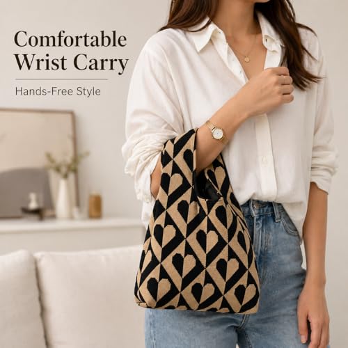 Image of Kawn Crochet Wrist Handbag for Women Wristlet Sleeve Knot Pouch Portable knitted breathable lightweight foldable Casual Small Purse Cute Tote Bag For Shopping, Dating, Travel
