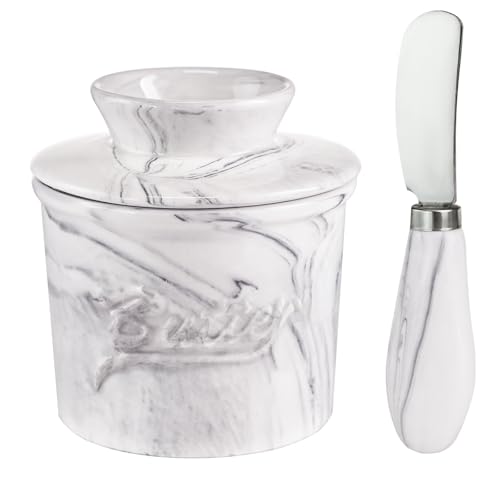 Ceramic Butter Crock with Lid & Spreader Knife, Butter Keeper - Ideal Butter Storage & Countertop Butter Dish, Marble White