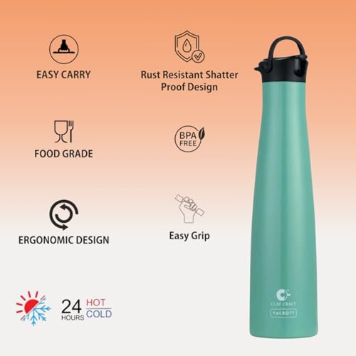 Image of Clay Craft Vacbott Vega Double Walled|18 Hours Hot and 24 Hours Cold Water Bottle Vacuum Insulated|Flask Bottle 650ml|2 Pcs|Home|Kitchen|Hiking|Travel Bottle|BIS Certified|1Year Limited Warranty