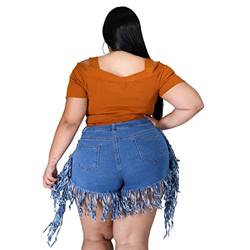 Jeke-Dg Women's Plus Size Fringe Raw Hem Denim Shorts High Waisted Tassels Stretchy Hem Short Jeans Clubwear Jeans Short (4X-Large,Dark Blue) #TOP2