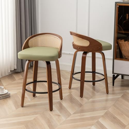 Image of 30 inch Swivel Rattan Bar Stools Set of 3 Mid-Century Modern Faux Leather Upholstered Bar Height Stools Kitchen Island Barstool with Rattan Low Backrest,Walnut Wood Finish Bar Chairs,Green PU