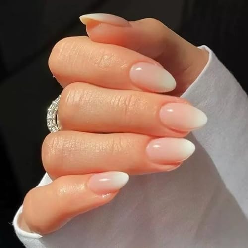 Short Press on Nails Almond Fake Nails Pink White Ombre False Nai...
