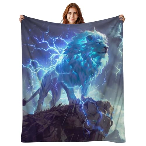 DOINBEE Manta de regalo de león, mantas de león geniales para adultos y niños, regalos de león para hombres y mujeres, manta de felpa de león azul en el lado del acantilado, decoración con estampado