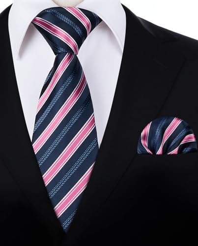 Image of HISDERN Ties for Men Stripe Plaid Tie Classic Necktie Pocket Square Cufflinks Set for Formal Wedding Business Party