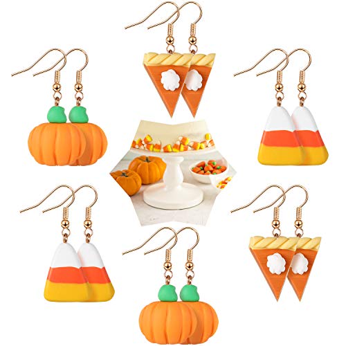6 Pairs Fall Earrings for Women Girl Thanksgiving Jewelry Gift Pumpkin Pie Candy Corn 3D Autumn Dangle Earrings, Polymer Clay