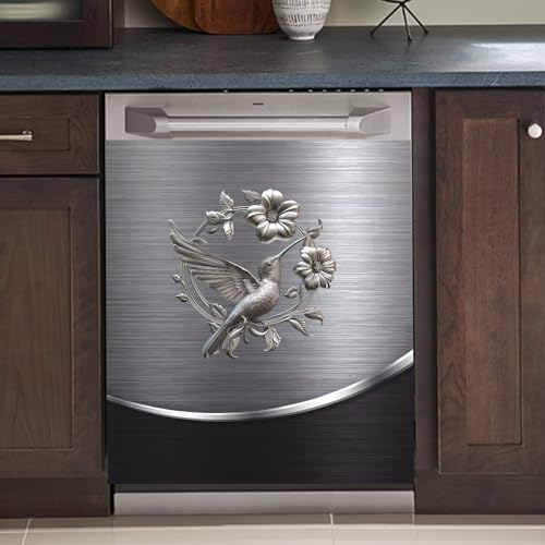 Image of Grey Metal Silver Bird with Flower Pattern Magnetic Dishwasher Cover Sheet Polishing Steelbird Dishwasher Skin Decor Silver Texture 23X17 INCH Magnet Rerigerator Kitchen Panel Decal Sticker