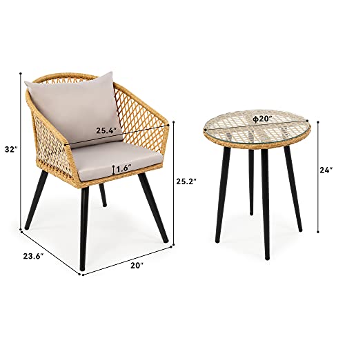 Yitahome 3-Piece Outdoor Patio Furniture Wicker Bistro Set, All-Weather Rattan Conversation Chairs For Backyard, Balcony And Deck With Soft Gray Cushions, Glass Side Table Light-Yellow #TOP6