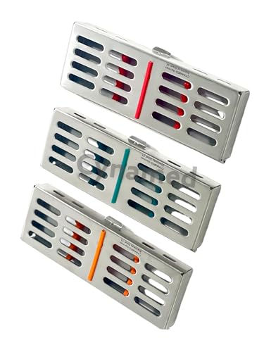 Set of 3 Sterilization Boxes with 5 Slots and Silicone Inserts Red, Orange, Green | German Stainless Steel Autoclave Box for 5 Handpieces