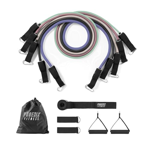 Image of Phoenix Fitness Resistance Bands - Set of 5 Resistance Tubes with Handles, Ankle Straps & Door Anchor & Carry Bag - Exercise Bands for Men and Women Strength Training & Rehabilitation (Pastel)