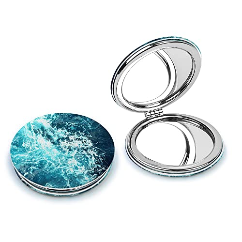 Wirester Round Foldable Pu Leather Compact Pocket Purse Makeup Mirror, Dual Sided Travel Mirror With 2X 1X Magnification - Blue Ocean Wave #TOP8
