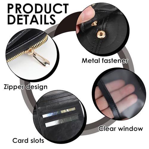 Women's Small Purse, Genuine Leather Compact Bifold Purse Vintage Clutch Wallets, with Zipper Closure Coins Section Key Pockets Clear ID Window Multi Credit Card Spaces Holders for Ladies (Black) - Image 4