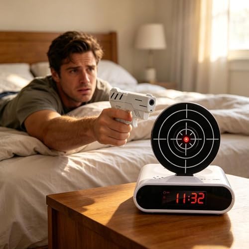 Digital Alarm Clock with Gun & Target - Fun Interactive Wake Up, Record Your Own Alarm Voice, 1 or 5 Hits to Stop, Compact 5.4" Size for Nightstand Desk,Unique Gadget Gift for Heavy Sleeper (Black) - 1