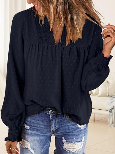 BETTE BOUTIK Women Boho Long Sleeve Shirts Dressy Casual V Neck Fall Fashion Tops Swiss Dot Flowy Blouses