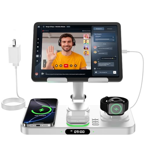 6 in 1 Wireless Charger for Apple Multiple Devices, Charging Station with Clock &7 Color Ambient Light, Foldable Rotate Stand for iPad, for iPhone17/16/15, Support for Apple Watch11/10 For AirPods4